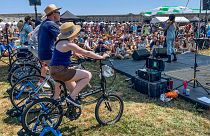 Madi Diaz performs on the Newport Folk Festival's bike stage
