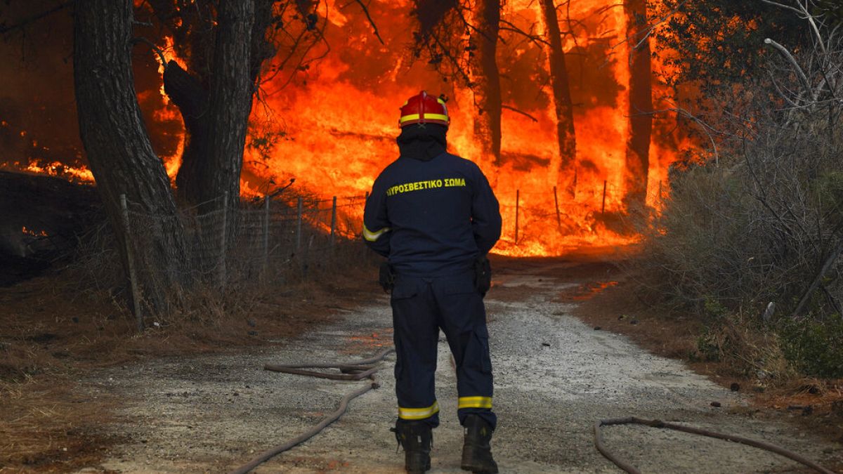 Un pompier face à un feu de forêt près de Vatera, sur l'île de Lesbos, Grèce, le 23 juillet 2022
