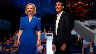 Liz Truss and Rishi Sunak before taking part in the BBC Conservative Party leadership debate in Stoke-on-Trent, England, Monday July 25, 2022.