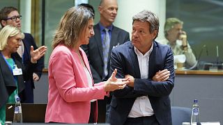 Spain's Teresa Ribera speaks with Germany's Robert Habeck ahead of the energy meeting in Brussels.