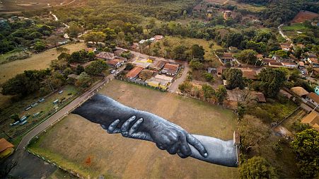 Aerial view of French artist Saype's work of art paying tribute to the victims and those affected by Brumadinho dam disaster