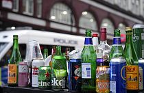 Empty bottles and cans of alcohol left behind by partying Scotland fans in Leicester Square in London, June 18, 2021.