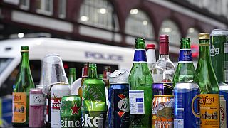 Empty bottles and cans of alcohol left behind by partying Scotland fans in Leicester Square in London, June 18, 2021.