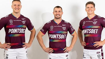 Manly Warringah Sea Eagles pose in new Pride kit