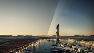 صورة تُظهر خطة تصميم الهياكل المتوازية التي يبلغ ارتفاعها 500 متر، في قلب مدينة البحر الأحمر العملاقة نيوم، السعودية، 26 يوليو 2022