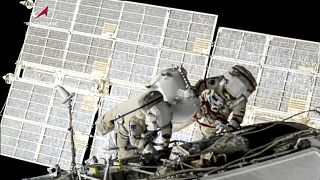 Russian cosmonauts Oleg Novitsky and Pyotr Dubrov, members of the crew to the International Space Station (ISS), perform their first spacewalk