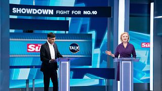 Liz Truss, right, and Rishi Sunak during The Sun's Showdown: The Fight for No10, at TalkTV's Ealing Studios on July 26, 2022.