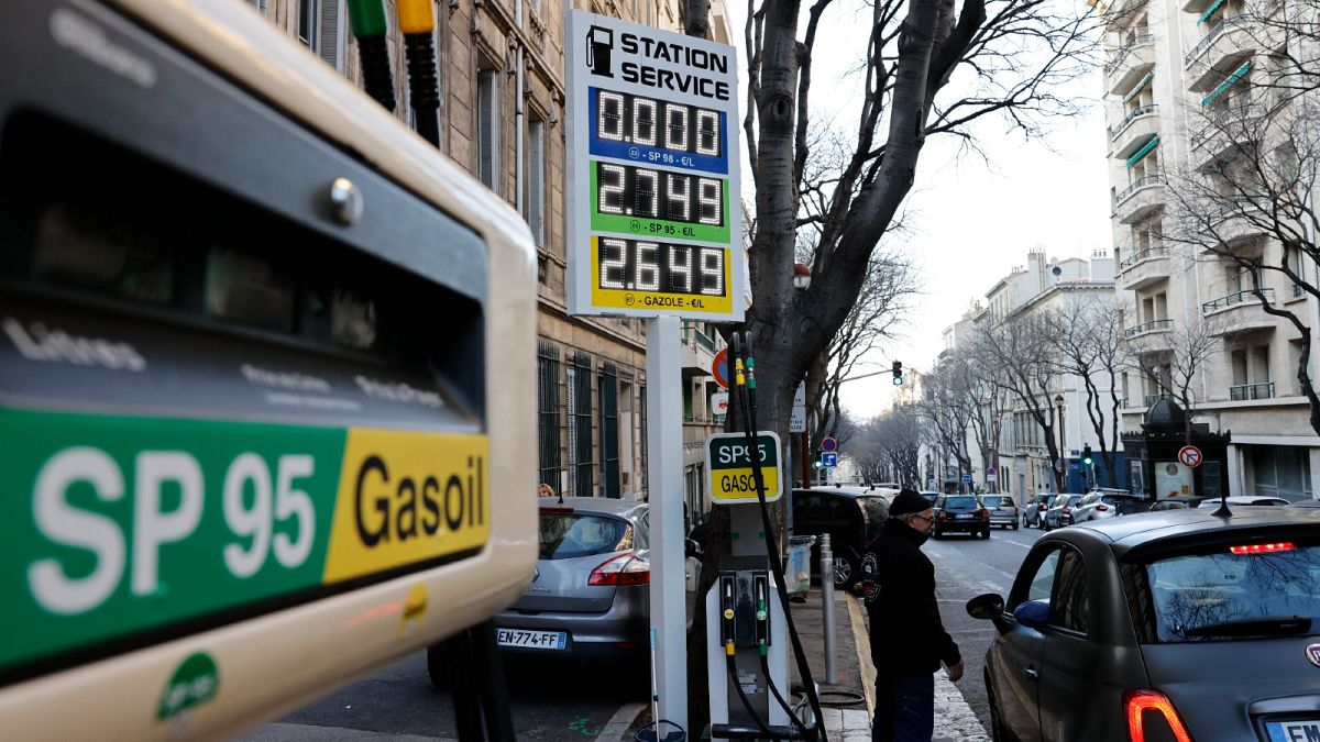 A car stops in a gas station where prices are up to €2.75 per litre in Marseille, southern France, March 9, 2022. 