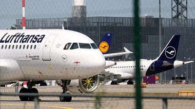 German air carrier Lufthansa's planes parked at Frankfurt airport in Frankfurt, Germany.