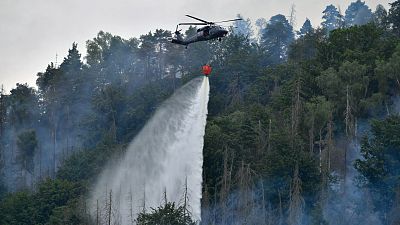 Un hélicoptère survole le parc national de Ceske Svycarsko en République tchèque - 27 juillet 2022