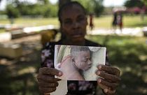 A woman holds up a photo of her son, who was killed in clashes between armed gangs in Cite Soleil, in Port-au-Prince, Haiti