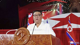 North Korean leader Kim Jong Un gives a speech in Pyongyang on 27 July 2022