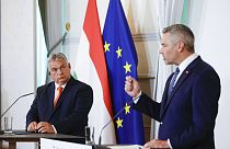 رئيس الوزراء المجري فيكتور أوربان رفقة نظيره النمساوي كارل نيهامر في فيينا.