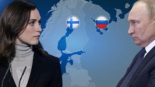 Composite image shows Finnish Prime Minister Sanna Marin and Russian President Vladimir Putin