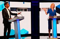 Liz Truss and Rishi Sunak during the BBC Conservative Party leadership debate in Stoke-on-Trent, England, Monday July 25, 2022.