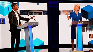 Liz Truss and Rishi Sunak during the BBC Conservative Party leadership debate in Stoke-on-Trent, England, Monday July 25, 2022.
