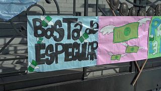 Imagen de una pancarta colocada durante la protesta en Buenos Aires contra los agricultores. El sábado 30 de julio. 