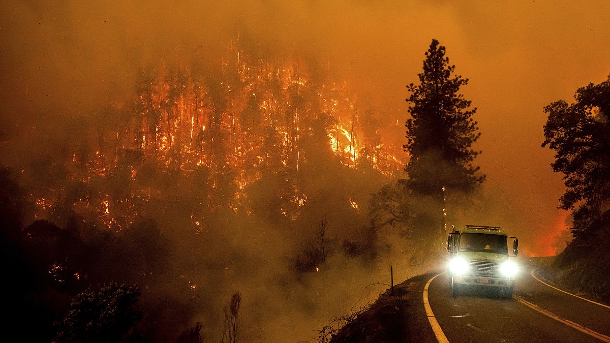 Tűzoltó menekül az erdőtűz elől a 96-os autópályán Kalifornia államban