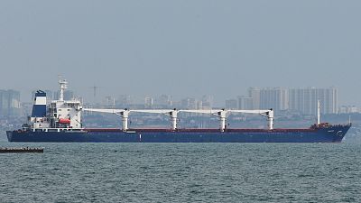 The bulk carrier Razoni starts its way from the port in Odesa, Ukraine, Monday, Aug. 1, 2022.