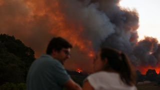 A couple looks at each other as smoke rises from a wildfire in Venda do Pinheiro in Mafra, Portugal, July 31, 2022.