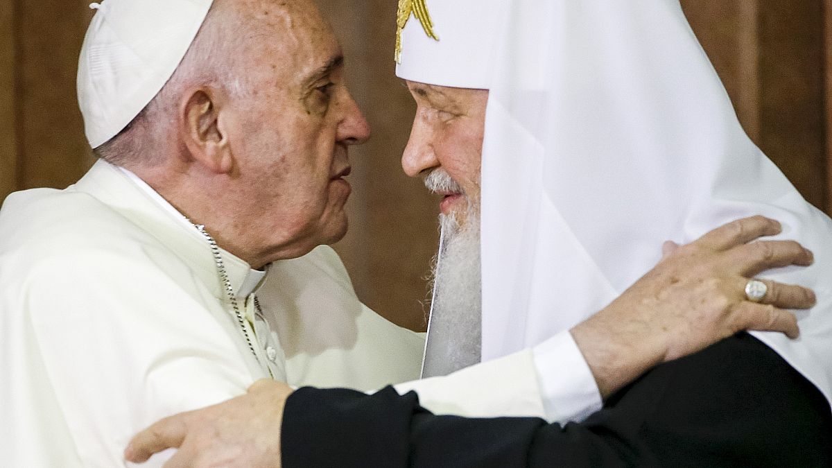 Pope Francis, left, embraces Russian Orthodox Patriarch Kirill in Cuba in 2016