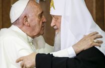 Pope Francis, left, embraces Russian Orthodox Patriarch Kirill in Cuba in 2016
