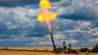 Russian troops fire a 2S4 Tyulpan self-propelled heavy mortar from their position at an undisclosed location Kharkiv region amid Russia's military offensive, August 1, 2022.