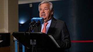 Le Secrétaire général des Nations unies, Antonio Guterres, à la conférence d'examen du Traité de non-prolifération nucléaire (TNP), lundi 1er août 2022.