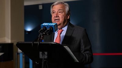 Le Secrétaire général des Nations unies, Antonio Guterres, à la conférence d'examen du Traité de non-prolifération nucléaire (TNP), lundi 1er août 2022.