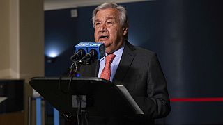 United Nations Secretary-General Antonio Guterres makes remarks before the 2022 Nuclear Non-Proliferation Treaty (NPT) review conference at the UN, 1 August, 2022.