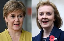 This combination of pictures shows Scotland's First Minister Nicola Sturgeon (L) on August 9, 2021, and UK Foreign Secretary Liz Truss on April 25, 2022.