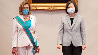 Nancy Pelosi, à gauche, et la présidente de Taïwan, Tsai Ing-wen, lors d'une réunion à Taipei, Taïwan, mercredi 3 août 2022.