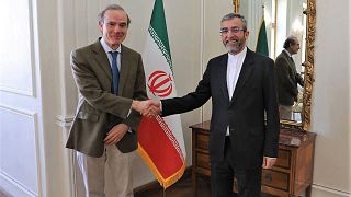 AB Temsilcisi Enrique Mora (solda) ve İranlı Başmüzakereci Ali Bakıri 