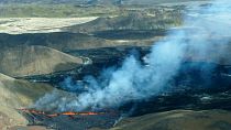 aerial shot of activity from the Fagradalsfjall volcano in Iceland on Wednesday Aug. 3, 2022, which is located 32k, southwest of the capital Reykjavik