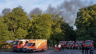 Mentők és tűzoltók a berlini Grunewaldban tomboló erdőtűz helyszínén 
