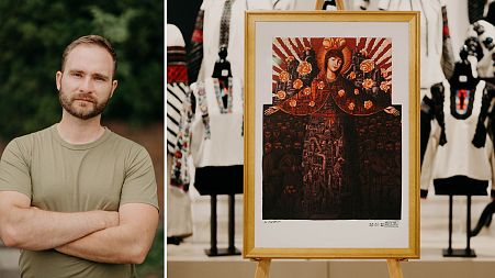 Christian Borys (L) and a special edition of 'Our Lady of Mariupol' artwork created by Maksym Palenko
