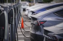 Un groupe de voitures Tesla devant des stations de recharge chez un concessionnaire de Littleton, dans le Colorado (USA) -  Août 2020.