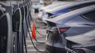 Un groupe de voitures Tesla devant des stations de recharge chez un concessionnaire de Littleton, dans le Colorado (USA) -  Août 2020.