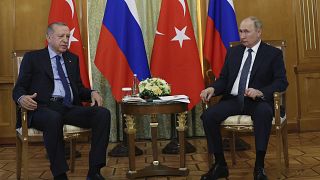 الرئيس التركي رجب طيب أردوغان والرئيس الروسي فلاديمير بوتين يتحدثان خلال اجتماعهما في منتجع سوتشي على البحر الأسود. الجمعة 5 أغسطس 2022.
