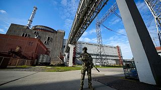 A Russian serviceman guards in an area of the Zaporizhzhia Nuclear Power Station in territory under Russian military control, southeastern Ukraine, on May 1, 2022.