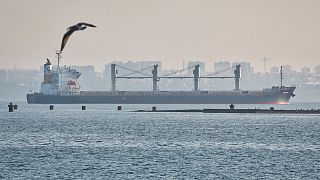 The ship Navi-Star carrying a load of corn starts its way from the port in Odesa, Ukraine, Friday Aug. 5, 2022.