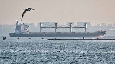 The ship Navi-Star carrying a load of corn starts its way from the port in Odesa, Ukraine, Friday Aug. 5, 2022. 