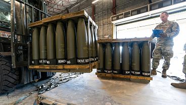 FILE: US Air Force Staff Sgt Cody Brown checks pallets of 155mm shells ultimately bound for Ukraine, April 29, 2022, at Dover AFB