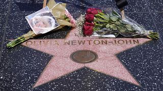 Virágokkal díszítették fel Olivia Newton-John csillagát Hollywoodban, a hírességek sétányán 2022.augusztus 8-án.