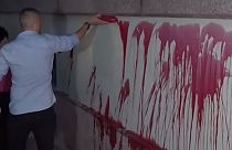 Paint was thrown on the ministry building in Tirana on Monday.