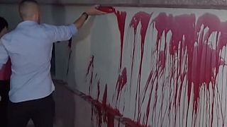 Paint was thrown on the ministry building in Tirana on Monday.