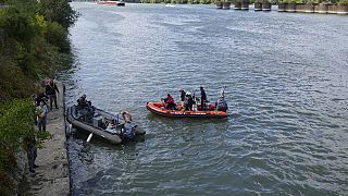 فرقة إطفاء فرنسية تتعقب على متن قوارب مطاطية حوت بيلوجا على نهر السين في سان بيير لا جارين، غرب باريس، الجمعة 5 أغسطس 2022.