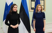FILE - Finnish PM Sanna Marin (L) & Estonian PM Kaja Kallas (R) meet in Tallinn, 7 March 2022