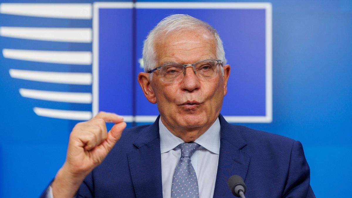 EU Foreign Policy Chief Josep Borrell speaks to the press after a meeting of EU defence ministers at the European Council building in Brussels in Brussels, May 17, 2022. 