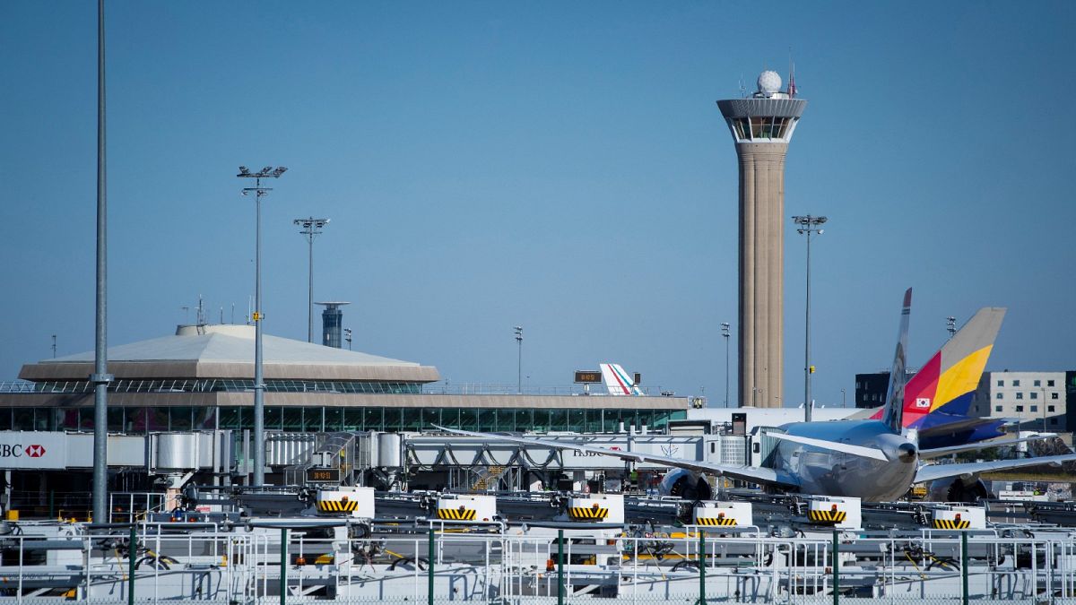 This file photo taken on August 06, 2018 shows a general view with the central control tower at Roissy-Charles-de-Gaulle Airport, north of Paris